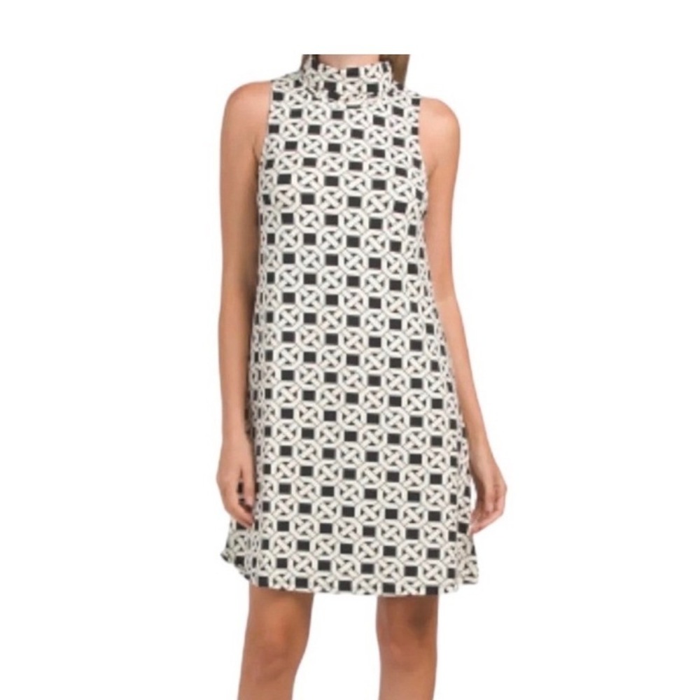 Flora Bea NYC Shift Dress Geometric Sleeveless Mock Neck Womens Medium‎ Black